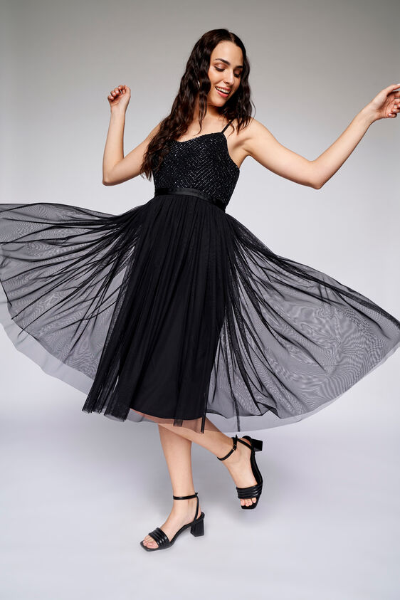 Black Solid Flared Dress, Black, image 3